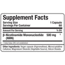 A supplement facts label for NMN (beta-Nicotinamide Mononucleotide) showing 500 mg per serving, with other ingredients listed as vegan capsule, microcrystalline cellulose, magnesium stearate, and silicon dioxide.