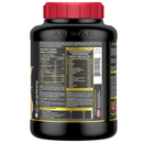 Black supplement container with red lid and detailed label on a white background