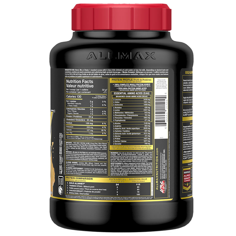 Black supplement container with red lid and detailed label on a white background