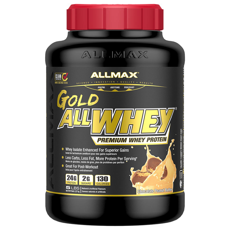 AllMax Gold All Whey protein supplement container on a white background