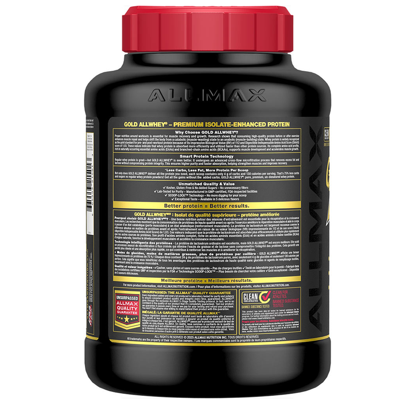 Black protein supplement container with red lid and AllMax branding
