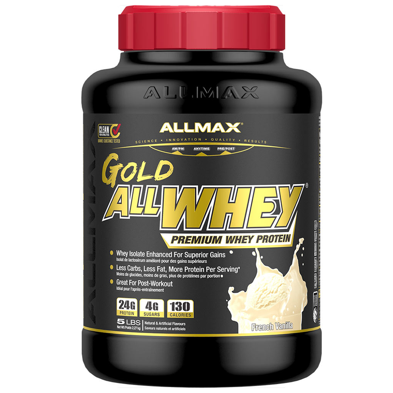 AllMax Gold All Whey protein supplement container on a white background