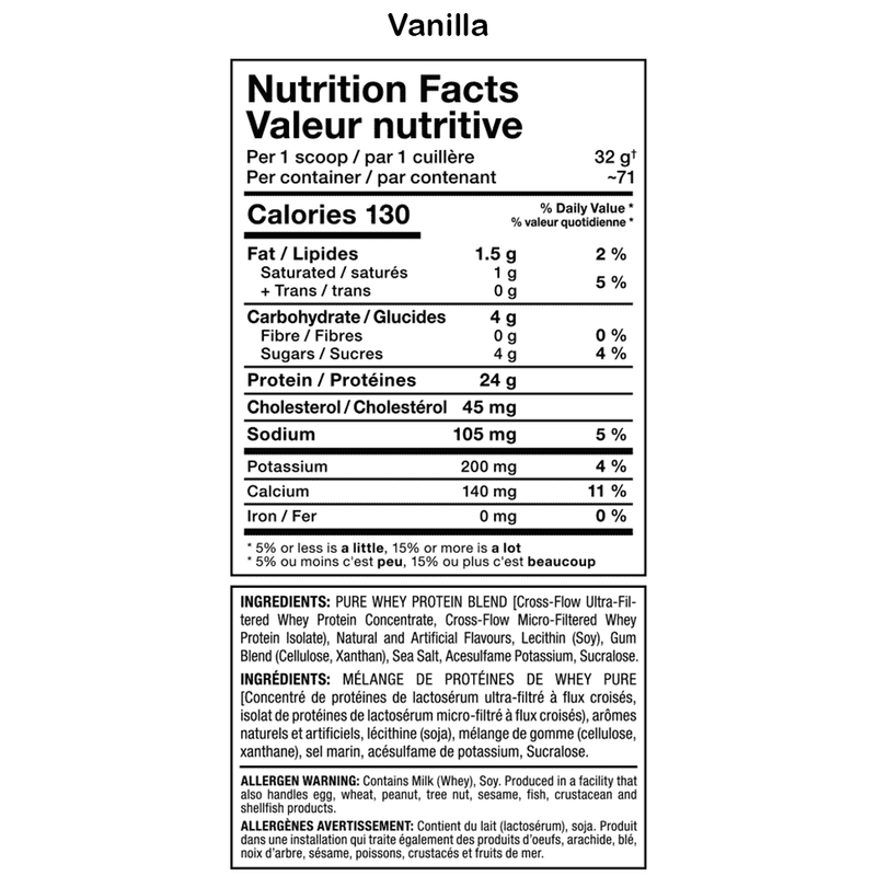 Nutrition facts label for a vanilla protein product on a white background