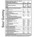 Nutritional label for a supplement with detailed ingredient list and serving size information.