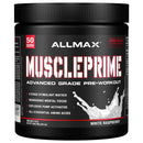 A container of Allmax MusclePrime Pre-Workout in white raspberry flavor with graphics indicating energy boost, mental focus, pump, and muscle enhancement.
