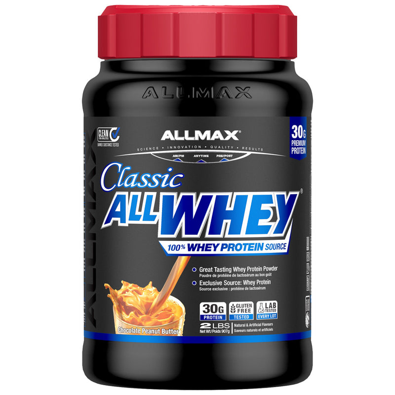 AllMax Classic AllWhey protein powder container with red cap on a white background
