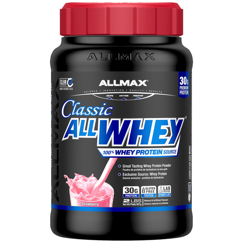 Allmax Classic AllWhey protein powder container with red cap on a white background