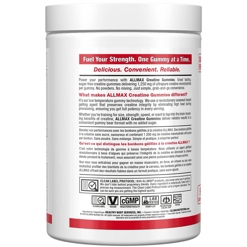 Back label of a supplement container with text and branding on a white background