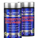 Two bottles of Allmax Digestive Enzymes, each containing 90 capsules. The bottles are labeled with the product name and claims such as '11 Highly Active Enzymes' and 'Enhanced Nutrient Digestion'.