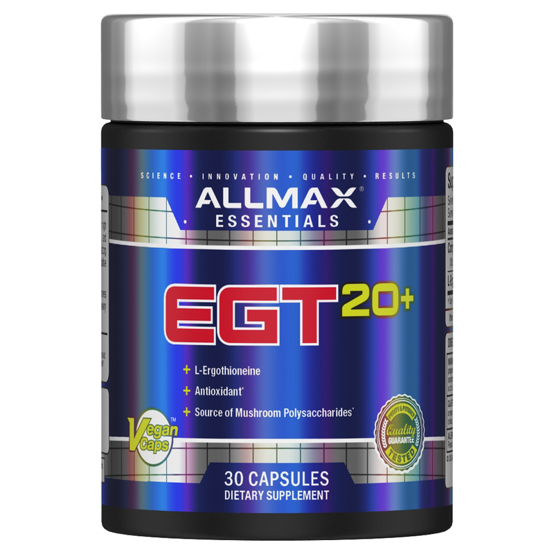Allmax Essentials EGT20+ supplement container on a white background