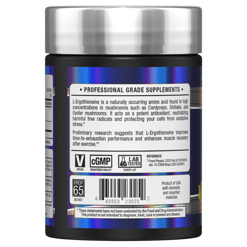 Supplement container with label detailing professional grade supplements and ingredients.