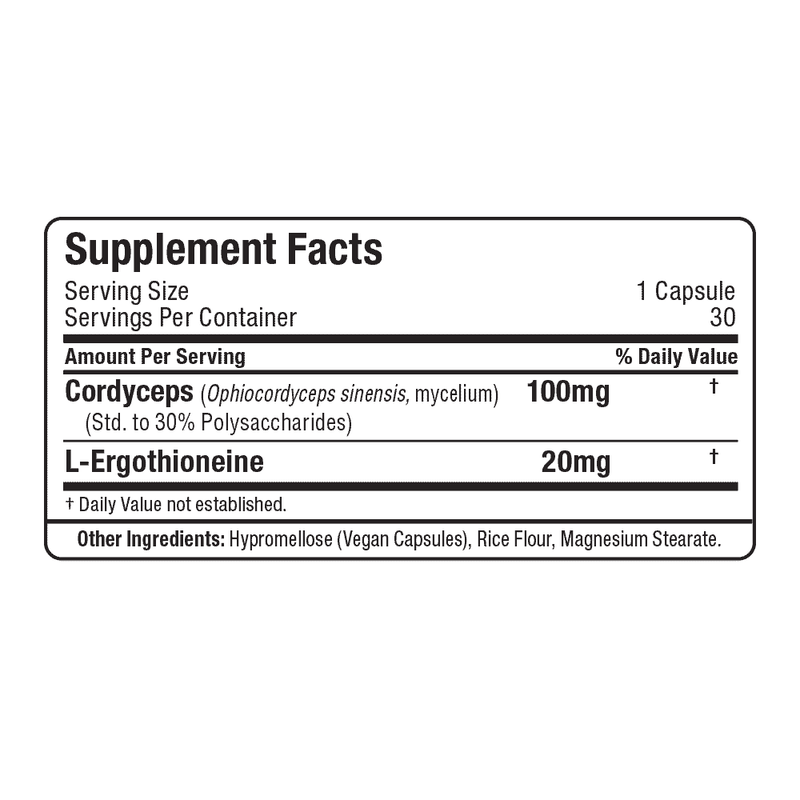 Supplement facts label for a capsule containing Cordyceps and L-Ergothioneine on a white background.