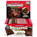 A box of Allmax Hexapro Protein Bars with multiple bars displayed, featuring a chocolate fudge brownie variant.