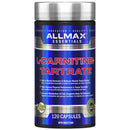 A bottle of Allmax L-Carnitine 500 mg containing 120 capsules, primarily blue and purple in color with text detailing the product's benefits and information.