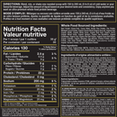Nutrition facts label for a protein supplement with black background and white text.