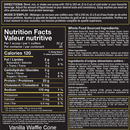 Nutrition facts label for a protein product with vanilla waffle cone flavor.