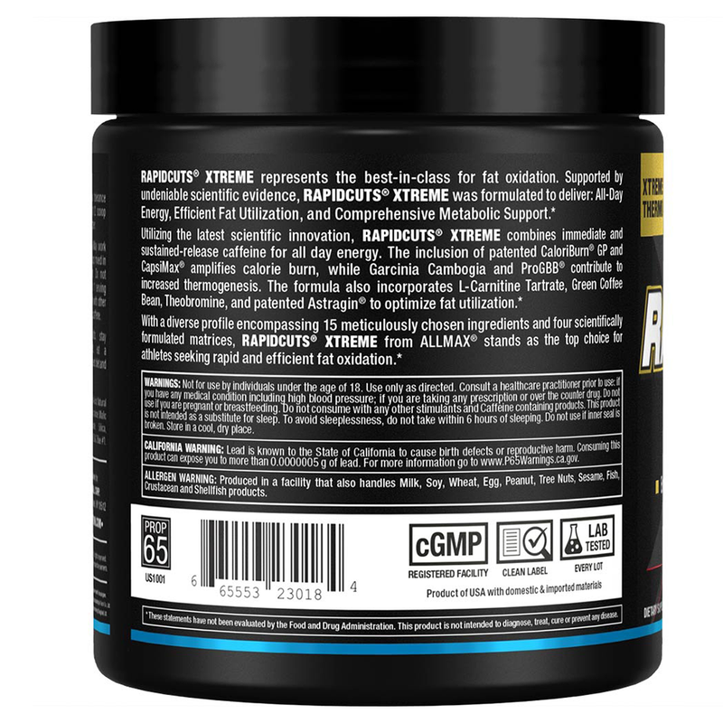 Back view of a supplement container with text and labels on a white background