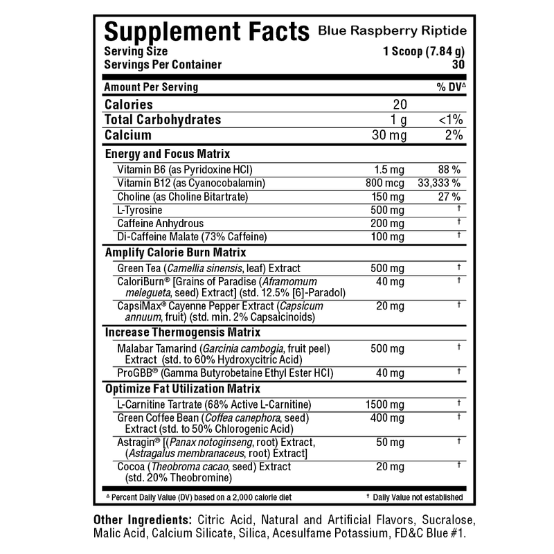 Supplement facts label for Blue Raspberry Riptide on a white background