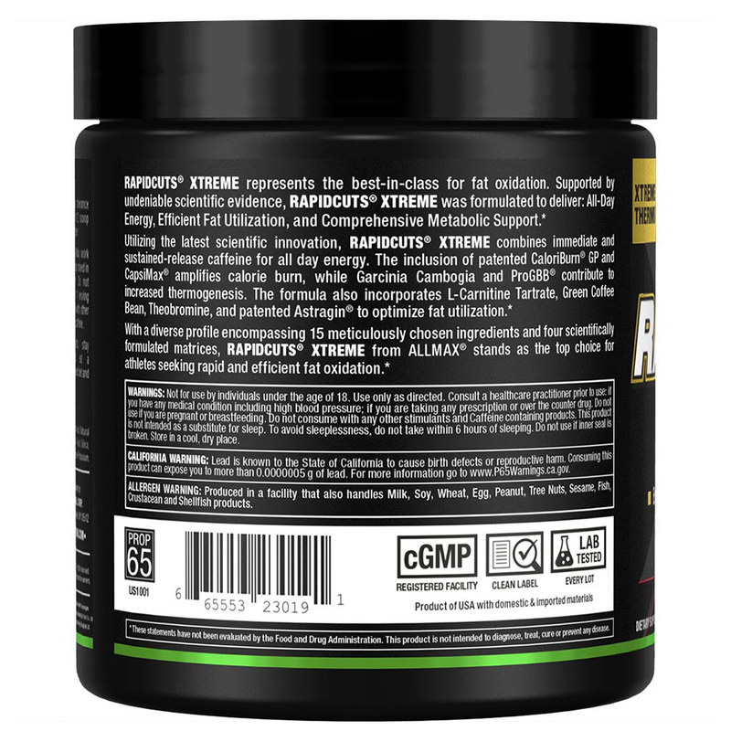 Supplement container with black label and text on a white background