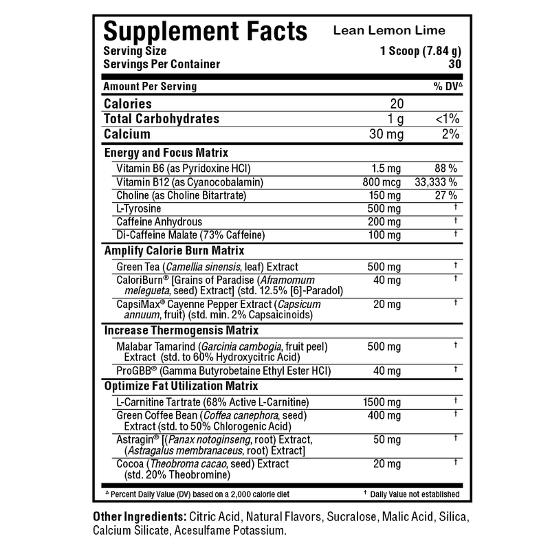 Supplement facts label for a Lean Lemon Lime product with detailed nutritional information.