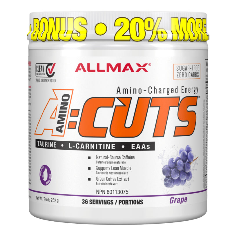 Buy Now! Allmax Nutrition A:CUTS Grape A:CUTS is the ideal combination of ingredients designed to provide energy for training while maintaining muscle mass, all the while supporting a fat burning diet.