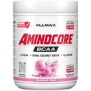 A white tub of Allmax Aminocore BCAA powder in Bubble Gum flavor, featuring a white label with bold red and black text and pink bubble graphics.