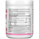 A white plastic supplement tub shown from the back, displaying the detailed nutrition facts label in French. The label features a white background with black text and a pink band at the bottom.