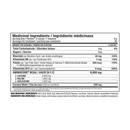 A front-facing supplement facts label in French and English, showing a nutrition panel with serving size, calories, carbohydrates, sugars, and listed ingredients including niacin, vitamin B6, folate, vitamin B12, AminoCore BCAA, L-leucine, L-valine, L-isoleucine, and coconut water.