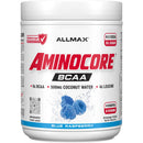 A white plastic tub of Allmax Aminocore BCAA powder in Blue Raspberry flavor, featuring a white label with red and black text and blue raspberry graphics.