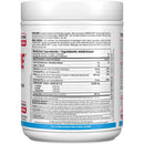 A white plastic supplement tub showing the back label with nutrition facts, directions, and ingredients. The label includes the brand name ALMAXCORE and ALM MAX NUTRITION, along with supplement details and a blue stripe at the bottom.