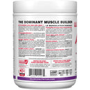 A white plastic bottle of Allmax Nutrition 'The Dominant Muscle Builder' supplement, showing the back label with text in English and French, a barcode, and certification logos.