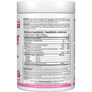 A white plastic bottle of AMINOCODER dietary supplement shown from the back, displaying the detailed nutrition facts label in French and English, with pink accents on the cap and label.