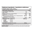 A front-facing supplement facts label in French and English, showing the Medicinal Ingredients list for a coconut water product. The label includes serving size, calories, macronutrients, and listed ingredients such as niacin, B6, folate, vitamin B12, leucine, valine, isoleucine, and coconut water.