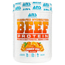 Beef protein powder container with orange flavor on a white background