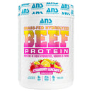 Container of ANS Performance Grass-Fed Hydrolyzed Beef Protein in Strawberry Lemonade flavor on a white background