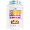 ANS Performance Grass-Fed Hydrolyzed Beef Protein container with colorful label on a white background