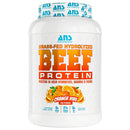 ANS Performance grass-fed hydrolyzed beef protein powder container with orange flavor on a white background