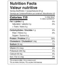 Nutrition facts label for a product with serving size, calories, and various nutrients listed.