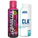 Two supplement bottles, one labeled 'Diablo L-Carnitine 3000' with a pink and black label, and another 'CLA 3K' with a white and blue label, both with ANS Performance branding.