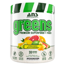 A container of ANS Performance Greens Superfood + Fiber in Citrus Burst flavor, featuring an image of citrus fruits and leaves on the front.