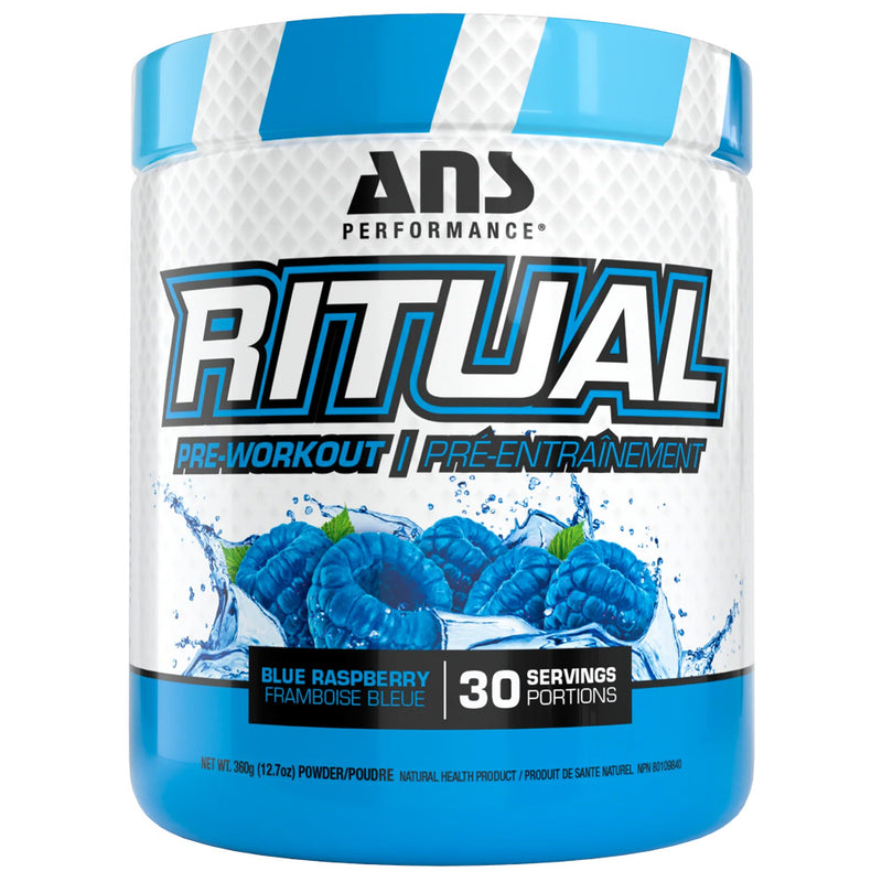 Supplement container labeled 'Ritual' by AND Performance with blue raspberry flavor on a white background.