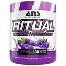 Pre-workout supplement container with purple and white design on a white background