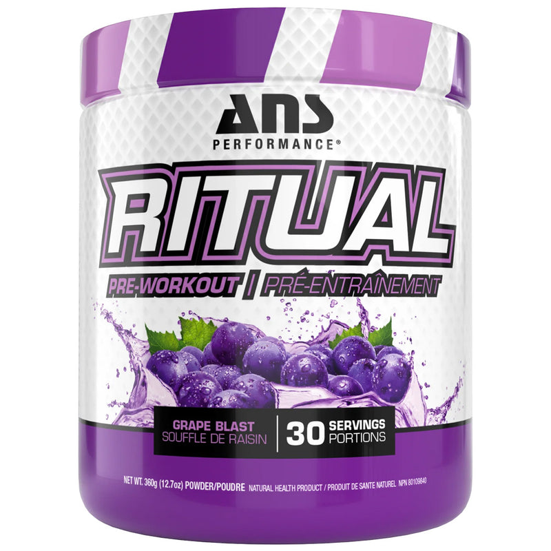 Pre-workout supplement container with purple and white design on a white background
