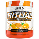 ANS Performance Ritual pre-workout supplement container with orange flavor and 30 servings on a white background