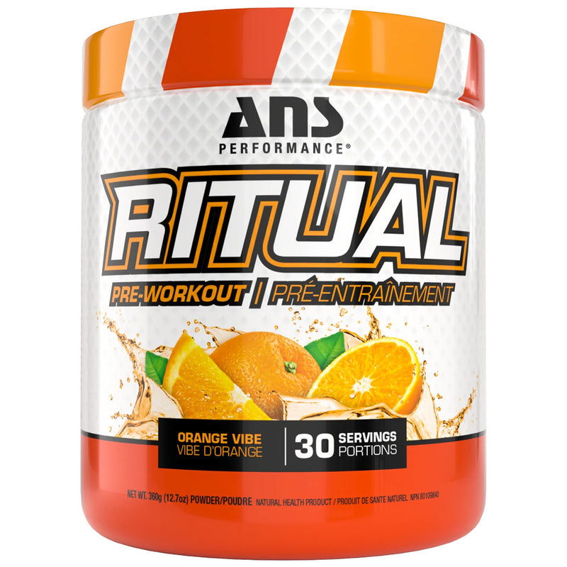 ANS Performance Ritual pre-workout supplement container with orange flavor and 30 servings on a white background