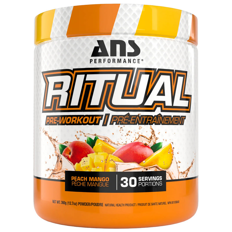 ANS Performance Ritual pre-workout supplement container with peach mango flavor on a white background