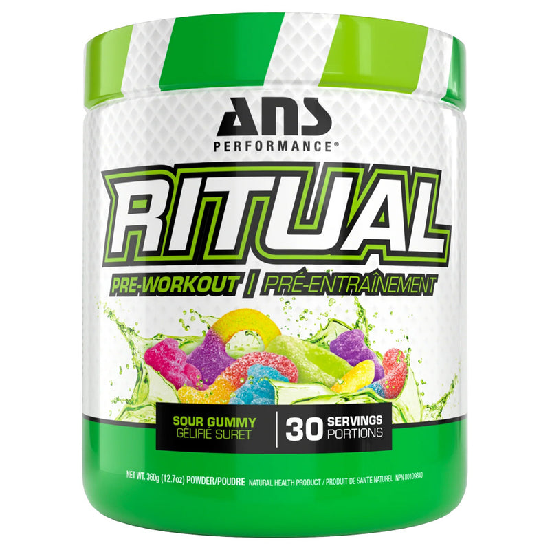 ANS Performance Ritual pre-workout supplement container with colorful gummy bears on a white background
