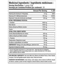 Nutritional label with medicinal ingredients and their amounts per serving on a white background.