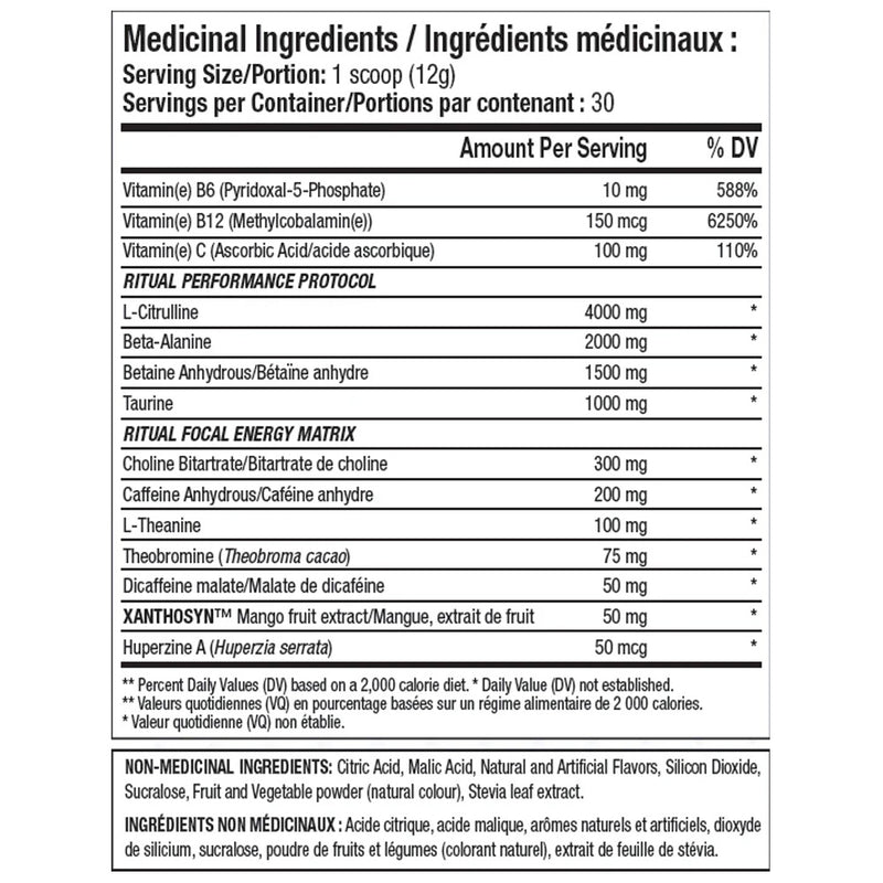Nutritional label with medicinal ingredients and their amounts per serving on a white background.