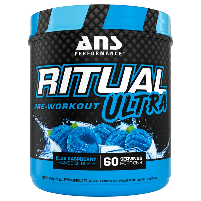 ANS Performance Ritual Ultra pre-workout powder container with blue and black design.
